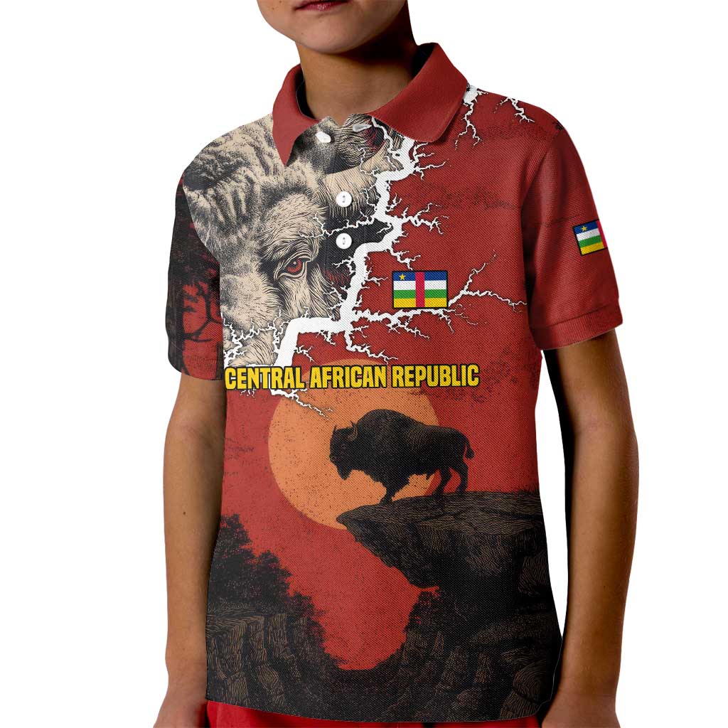 Central African Republic Kid Polo Shirt with Red Black Nature Design and Buffalo Pattern - Wonder Print Shop