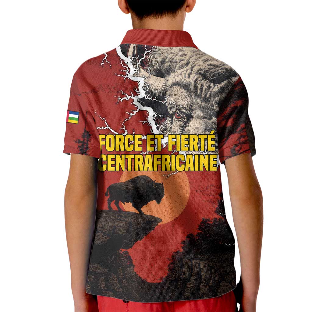 Central African Republic Kid Polo Shirt with Red Black Nature Design and Buffalo Pattern - Wonder Print Shop