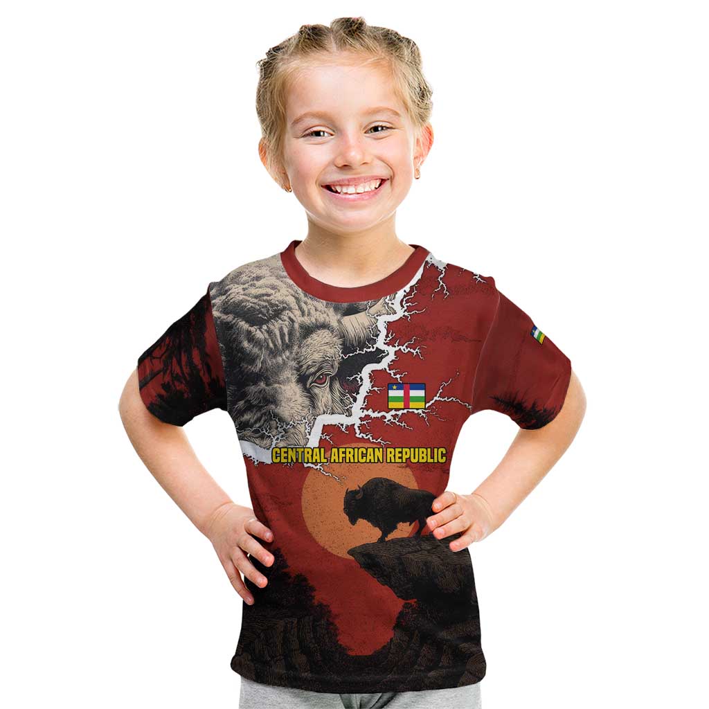 Central African Republic Kid T Shirt with Red Black Nature Design and Buffalo Pattern - Wonder Print Shop