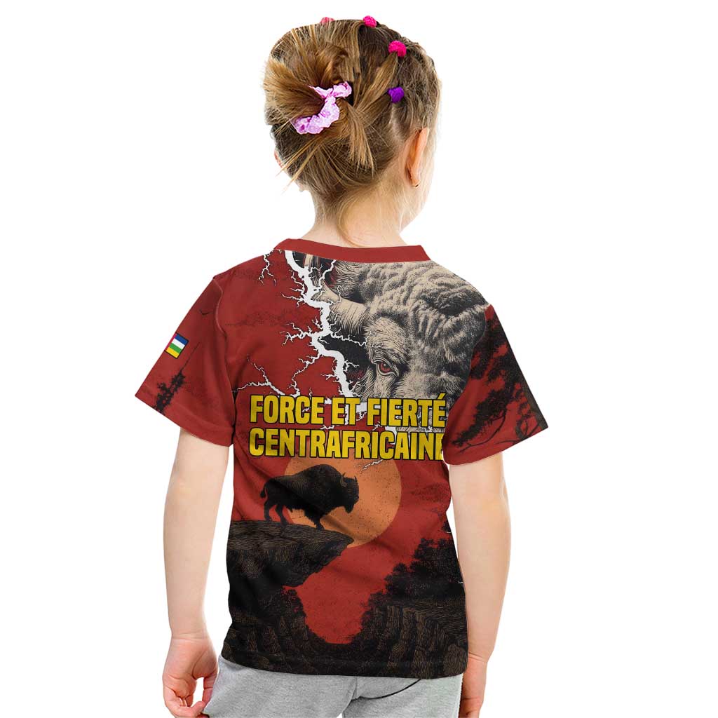 Central African Republic Kid T Shirt with Red Black Nature Design and Buffalo Pattern - Wonder Print Shop