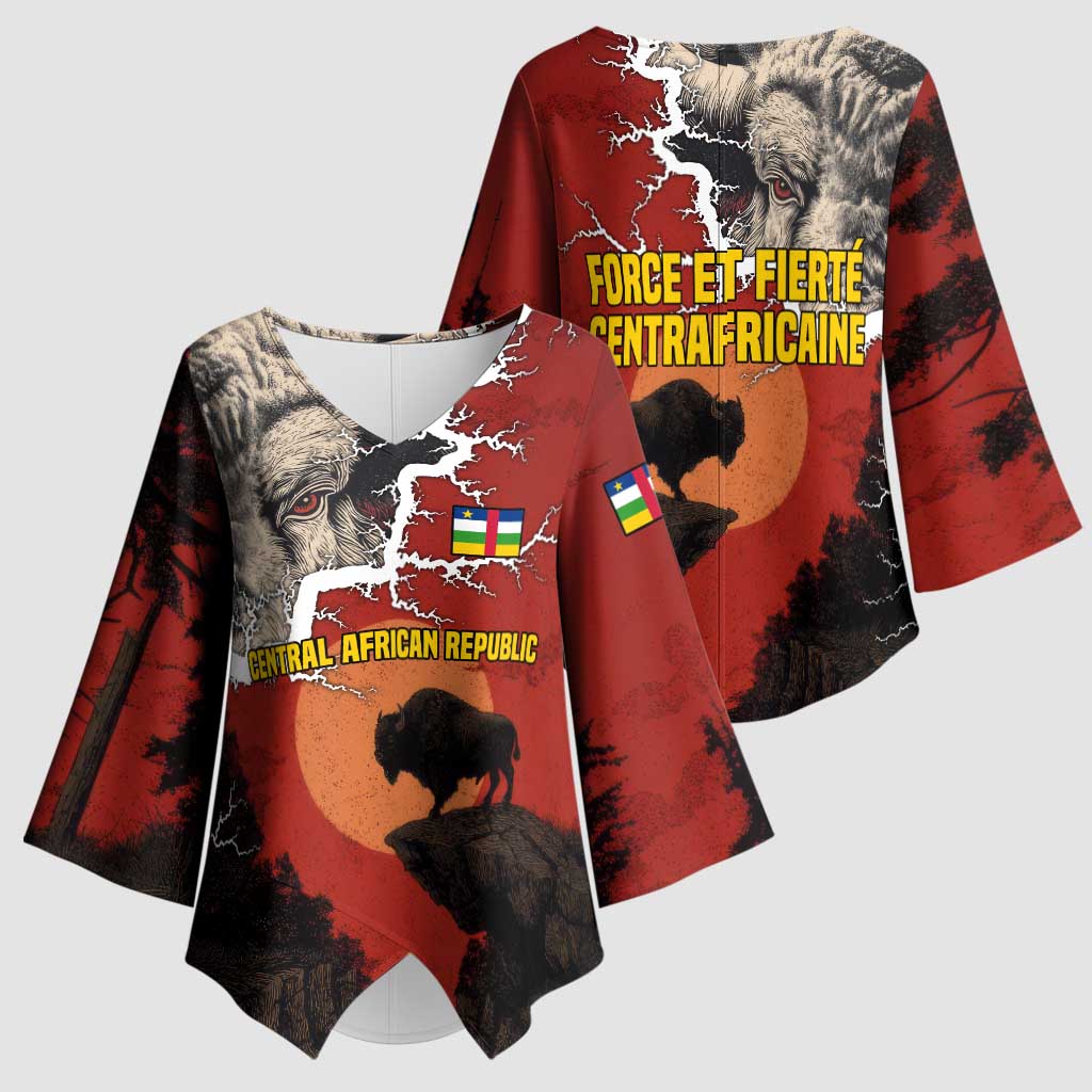 Central African Republic Kimono Sleeve Blouse with Red Black Nature Design and Buffalo Pattern - Wonder Print Shop