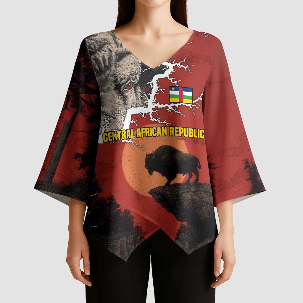 Central African Republic Kimono Sleeve Blouse with Red Black Nature Design and Buffalo Pattern - Wonder Print Shop