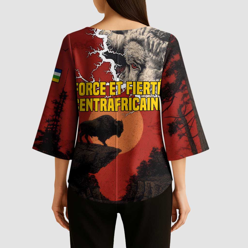 Central African Republic Kimono Sleeve Blouse with Red Black Nature Design and Buffalo Pattern - Wonder Print Shop