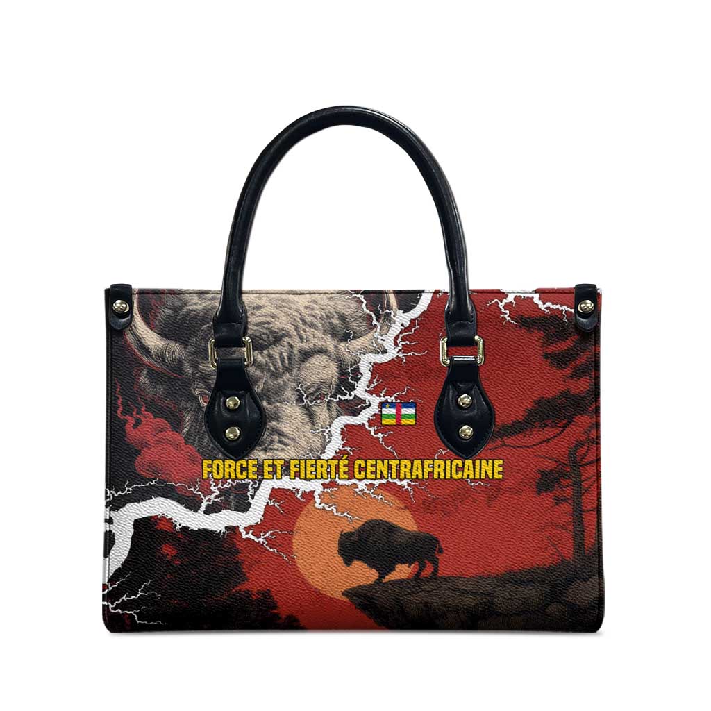 Central African Republic Leather Bag with Red Black Nature Design and Buffalo Pattern - Wonder Print Shop
