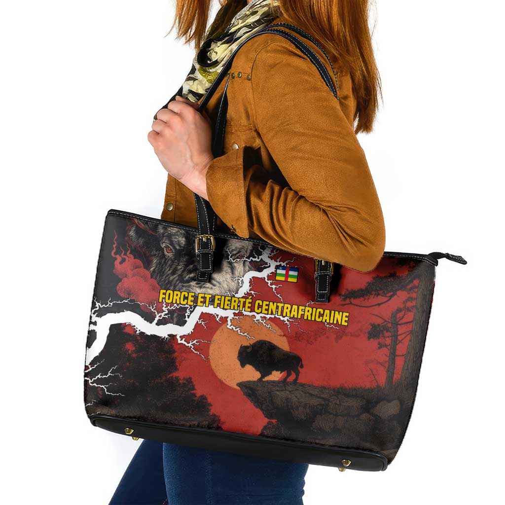 Central African Republic Leather Tote Bag with Red Black Nature Design and Buffalo Pattern - Wonder Print Shop