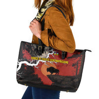 Central African Republic Leather Tote Bag with Red Black Nature Design and Buffalo Pattern - Wonder Print Shop