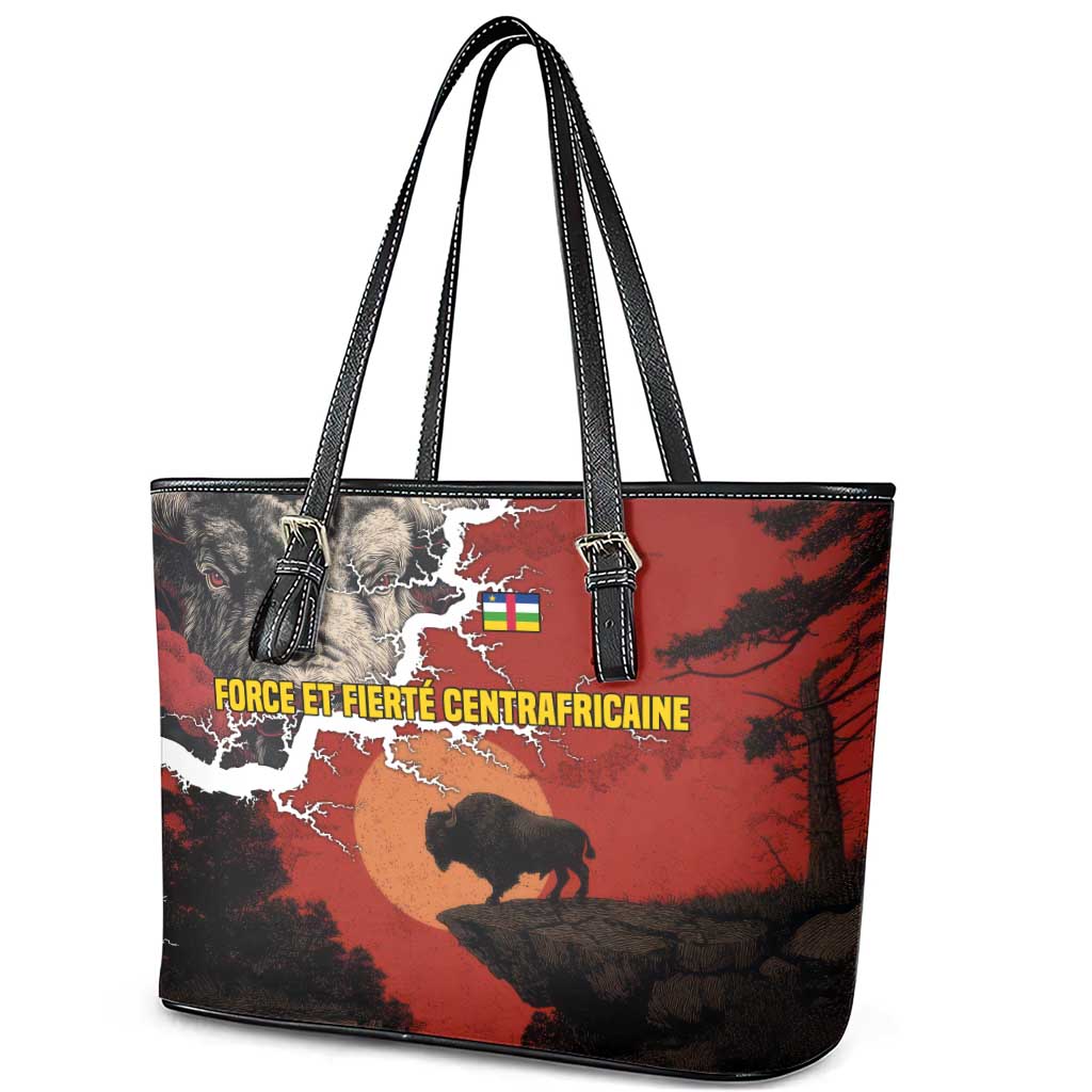 Central African Republic Leather Tote Bag with Red Black Nature Design and Buffalo Pattern - Wonder Print Shop