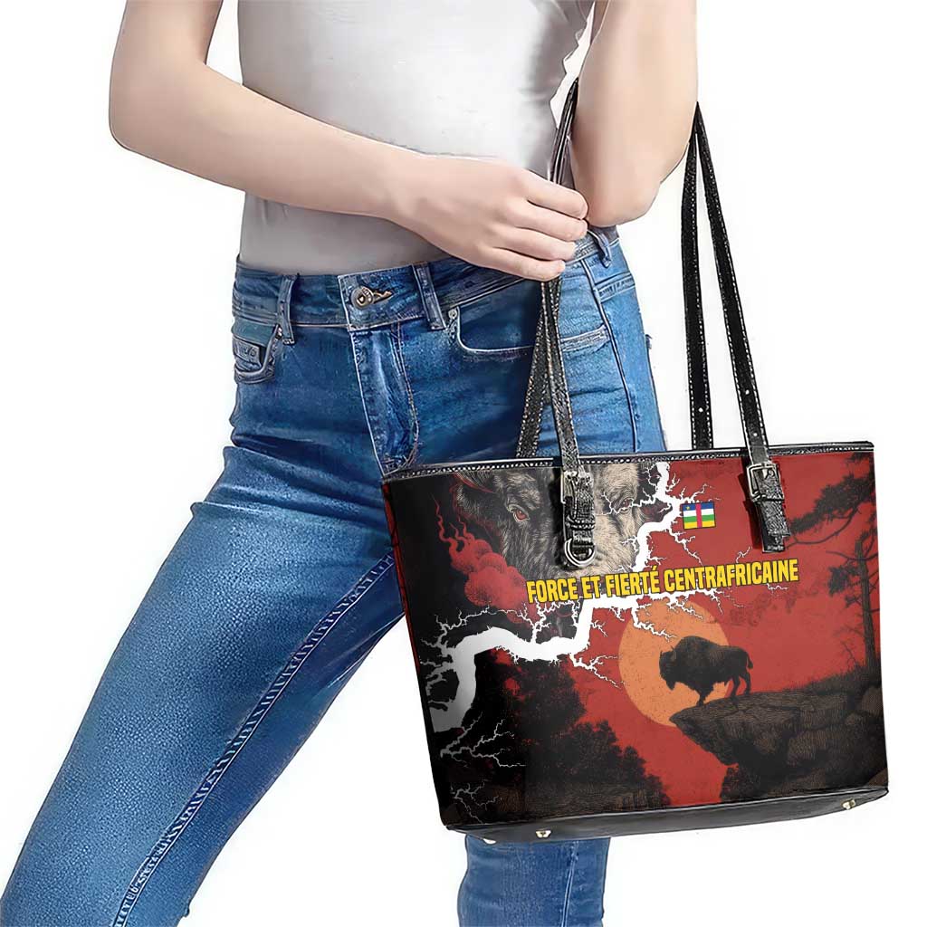 Central African Republic Leather Tote Bag with Red Black Nature Design and Buffalo Pattern - Wonder Print Shop