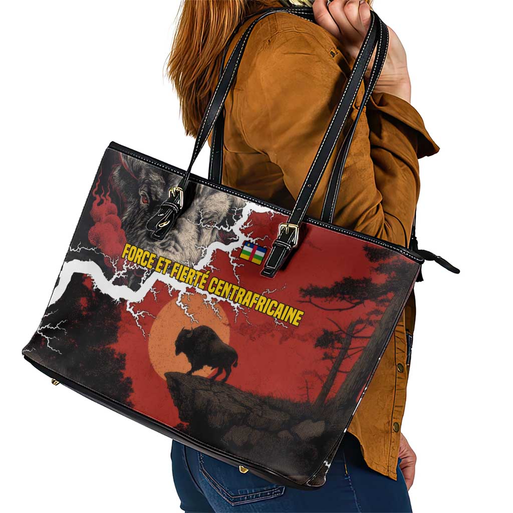 Central African Republic Leather Tote Bag with Red Black Nature Design and Buffalo Pattern - Wonder Print Shop
