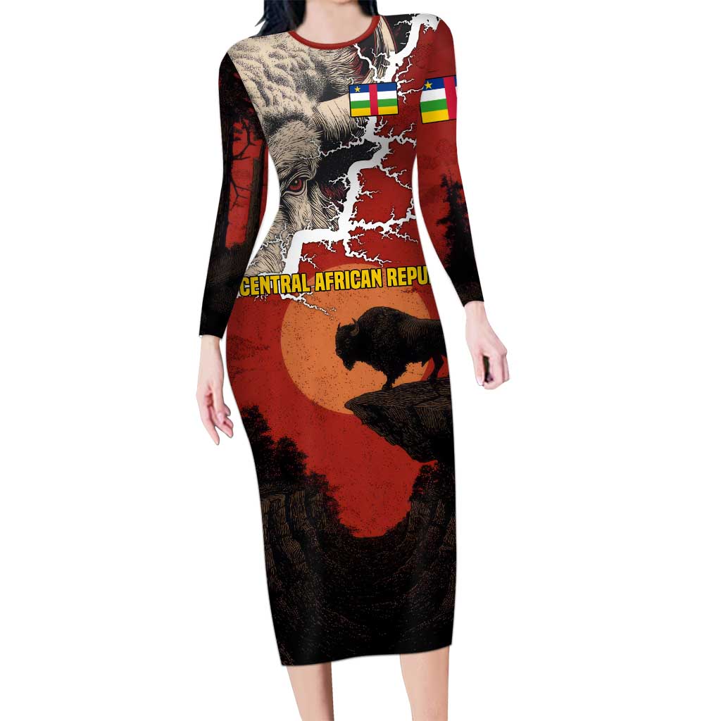 Central African Republic Long Sleeve Bodycon Dress with Red Black Nature Design and Buffalo Pattern - Wonder Print Shop