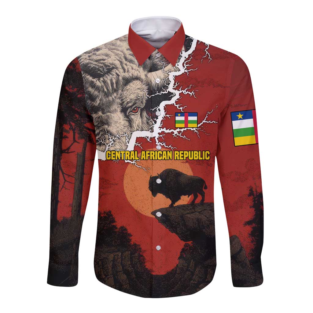 Central African Republic Long Sleeve Button Shirt with Red Black Nature Design and Buffalo Pattern - Wonder Print Shop
