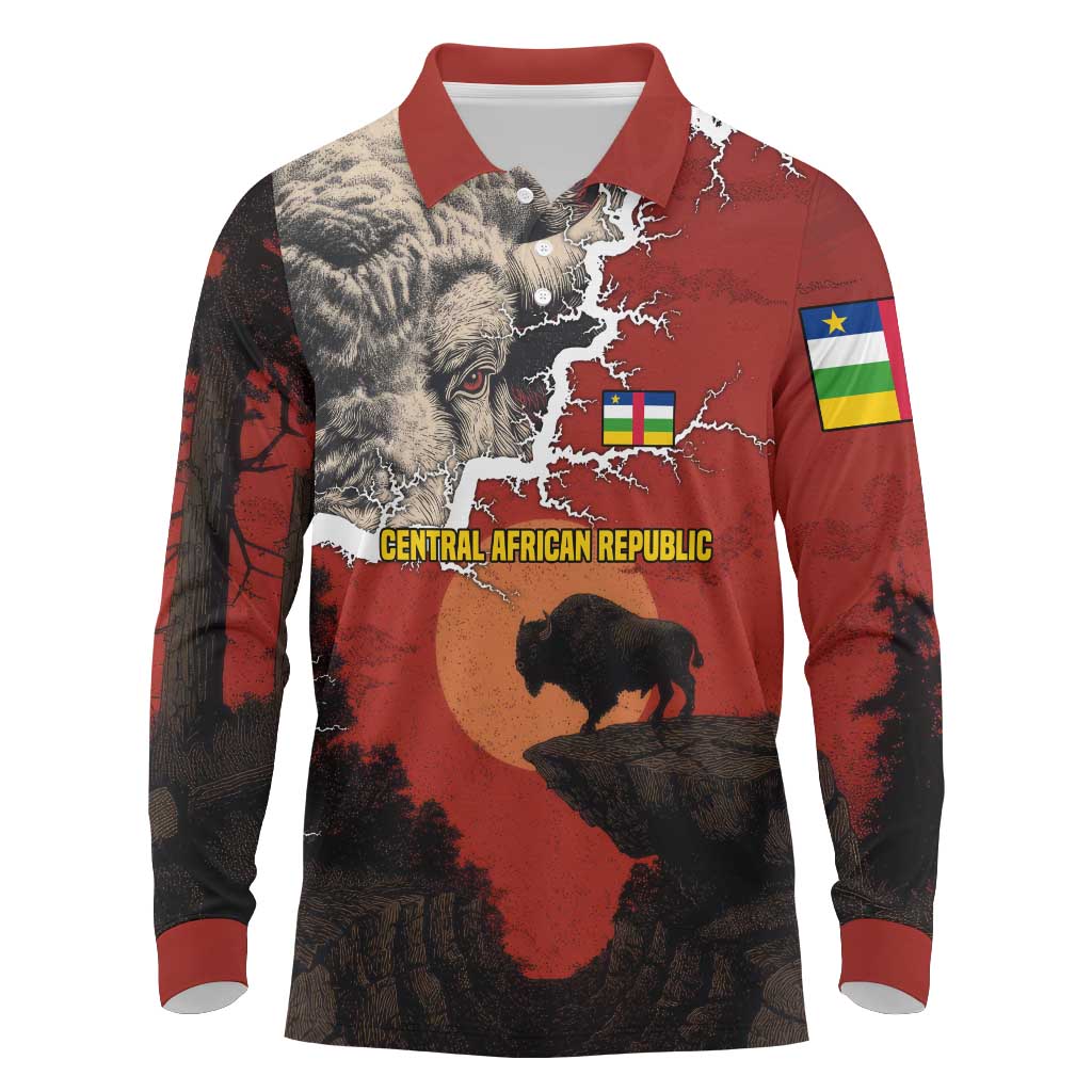 Central African Republic Long Sleeve Polo Shirt with Red Black Nature Design and Buffalo Pattern - Wonder Print Shop