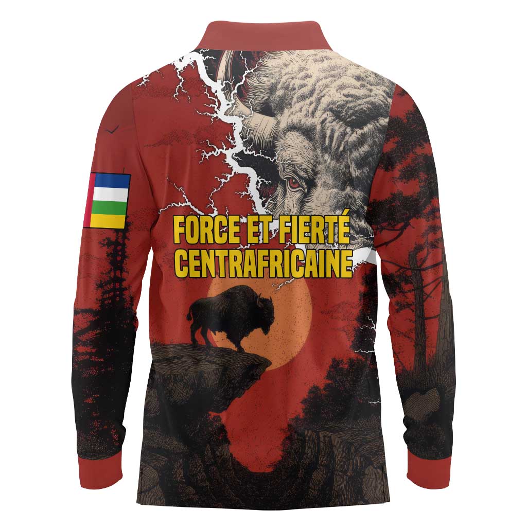 Central African Republic Long Sleeve Polo Shirt with Red Black Nature Design and Buffalo Pattern - Wonder Print Shop
