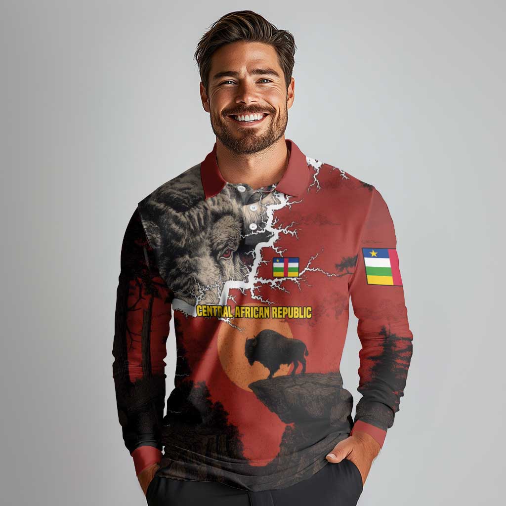 Central African Republic Long Sleeve Polo Shirt with Red Black Nature Design and Buffalo Pattern - Wonder Print Shop