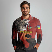 Central African Republic Long Sleeve Polo Shirt with Red Black Nature Design and Buffalo Pattern - Wonder Print Shop