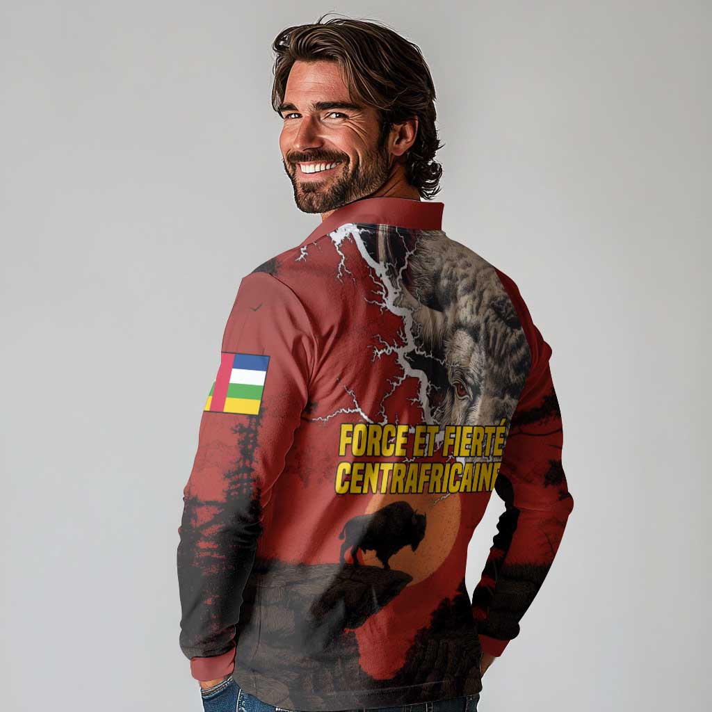 Central African Republic Long Sleeve Polo Shirt with Red Black Nature Design and Buffalo Pattern - Wonder Print Shop