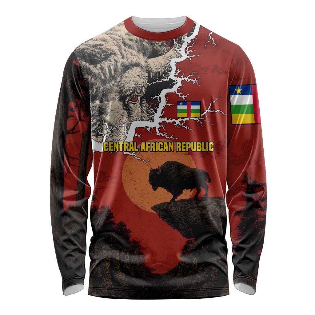 Central African Republic Long Sleeve Shirt with Red Black Nature Design and Buffalo Pattern - Wonder Print Shop