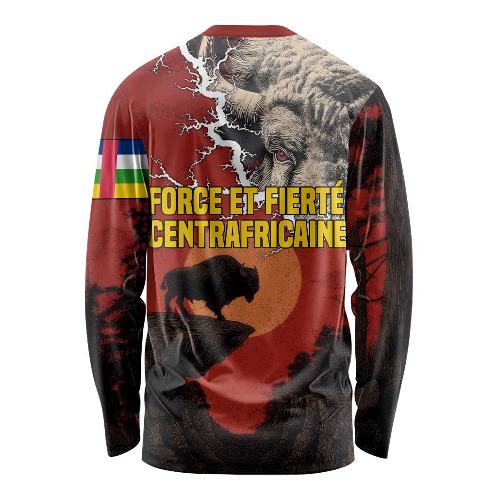 Central African Republic Long Sleeve Shirt with Red Black Nature Design and Buffalo Pattern - Wonder Print Shop