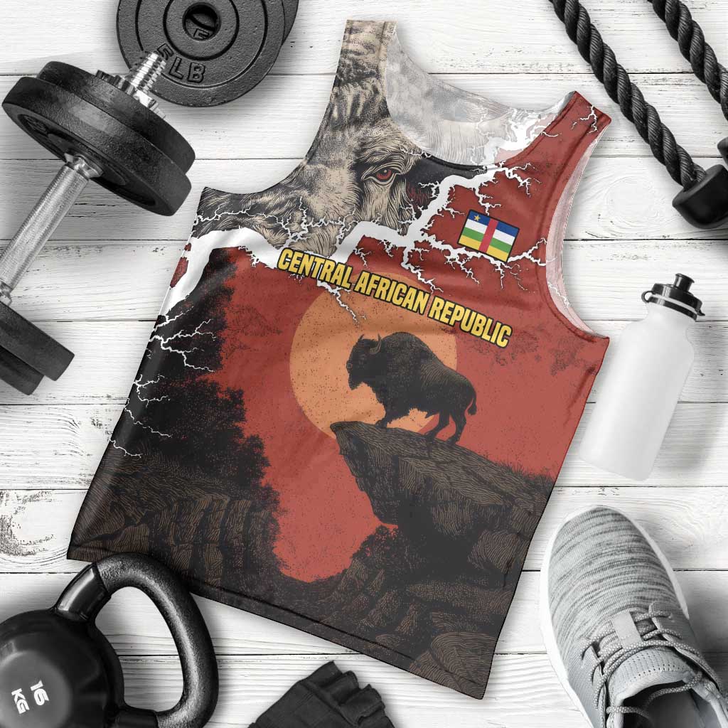 Central African Republic Men Tank Top with Red Black Nature Design and Buffalo Pattern - Wonder Print Shop
