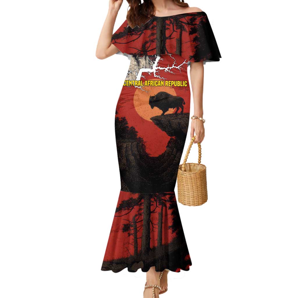 Central African Republic Mermaid Dress with Red Black Nature Design and Buffalo Pattern - Wonder Print Shop