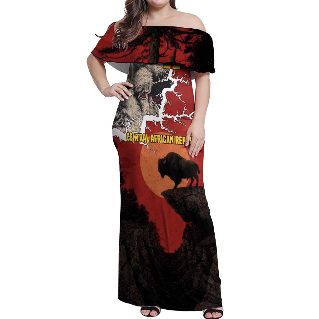 Central African Republic Off Shoulder Maxi Dress with Red Black Nature Design and Buffalo Pattern - Wonder Print Shop