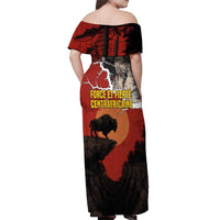 Central African Republic Off Shoulder Maxi Dress with Red Black Nature Design and Buffalo Pattern - Wonder Print Shop
