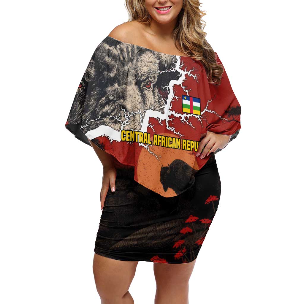 Central African Republic Off Shoulder Short Dress with Red Black Nature Design and Buffalo Pattern - Wonder Print Shop