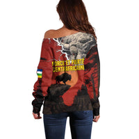 Central African Republic Off Shoulder Sweater with Red Black Nature Design and Buffalo Pattern - Wonder Print Shop