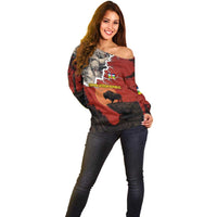 Central African Republic Off Shoulder Sweater with Red Black Nature Design and Buffalo Pattern - Wonder Print Shop