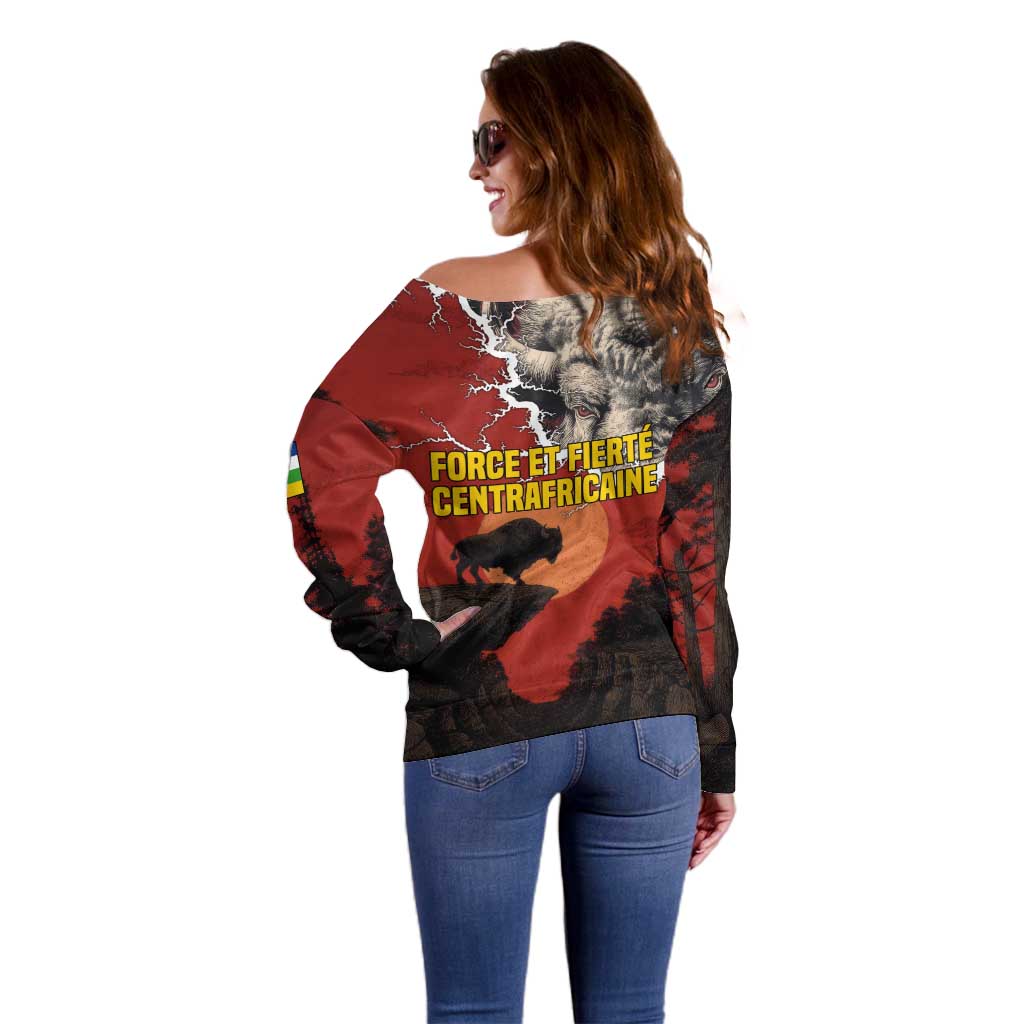 Central African Republic Off Shoulder Sweater with Red Black Nature Design and Buffalo Pattern - Wonder Print Shop
