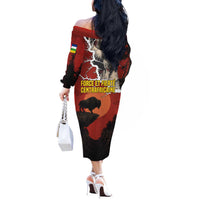 Central African Republic Off The Shoulder Long Sleeve Dress with Red Black Nature Design and Buffalo Pattern - Wonder Print Shop