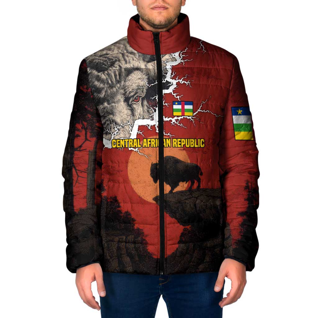 Central African Republic Padded Jacket with Red Black Nature Design and Buffalo Pattern - Wonder Print Shop