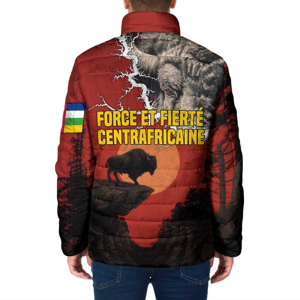 Central African Republic Padded Jacket with Red Black Nature Design and Buffalo Pattern - Wonder Print Shop