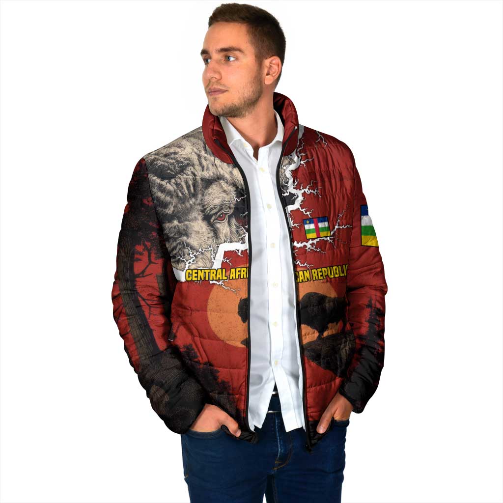 Central African Republic Padded Jacket with Red Black Nature Design and Buffalo Pattern - Wonder Print Shop