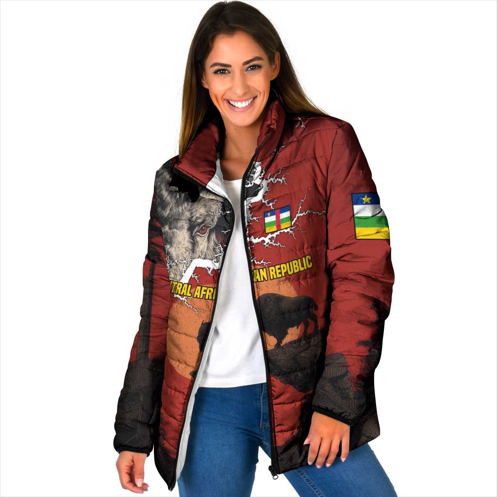 Central African Republic Padded Jacket with Red Black Nature Design and Buffalo Pattern - Wonder Print Shop