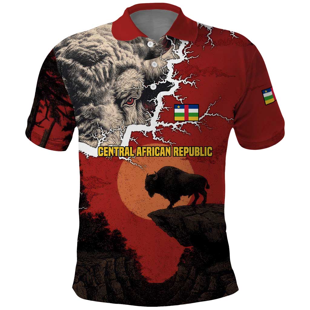 Central African Republic Polo Shirt with Red Black Nature Design and Buffalo Pattern - Wonder Print Shop