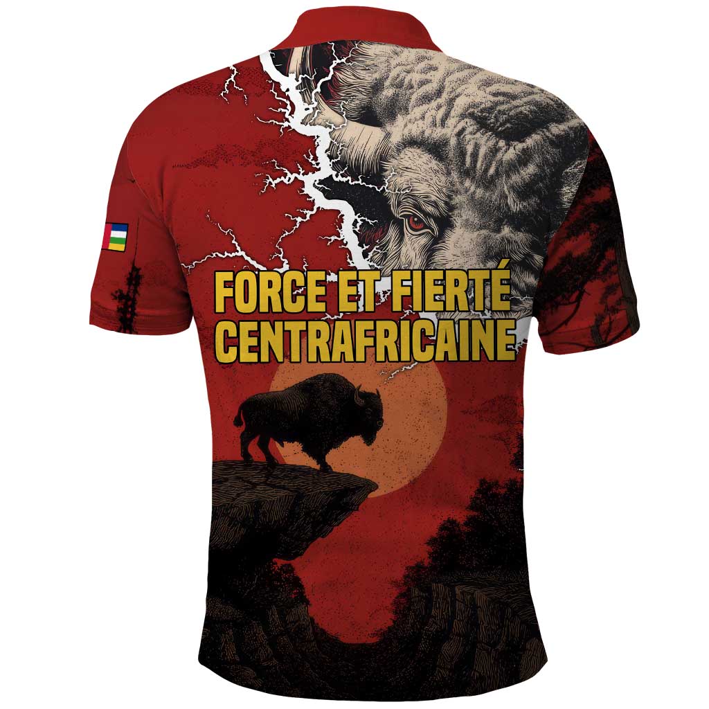 Central African Republic Polo Shirt with Red Black Nature Design and Buffalo Pattern - Wonder Print Shop