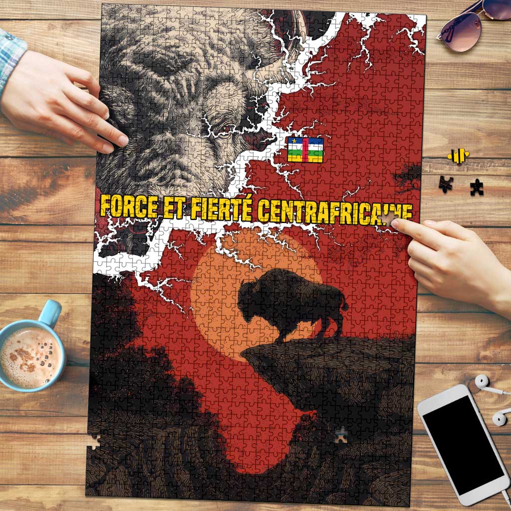 Central African Republic Puzzle with Red Black Nature Design and Buffalo Pattern - Wonder Print Shop