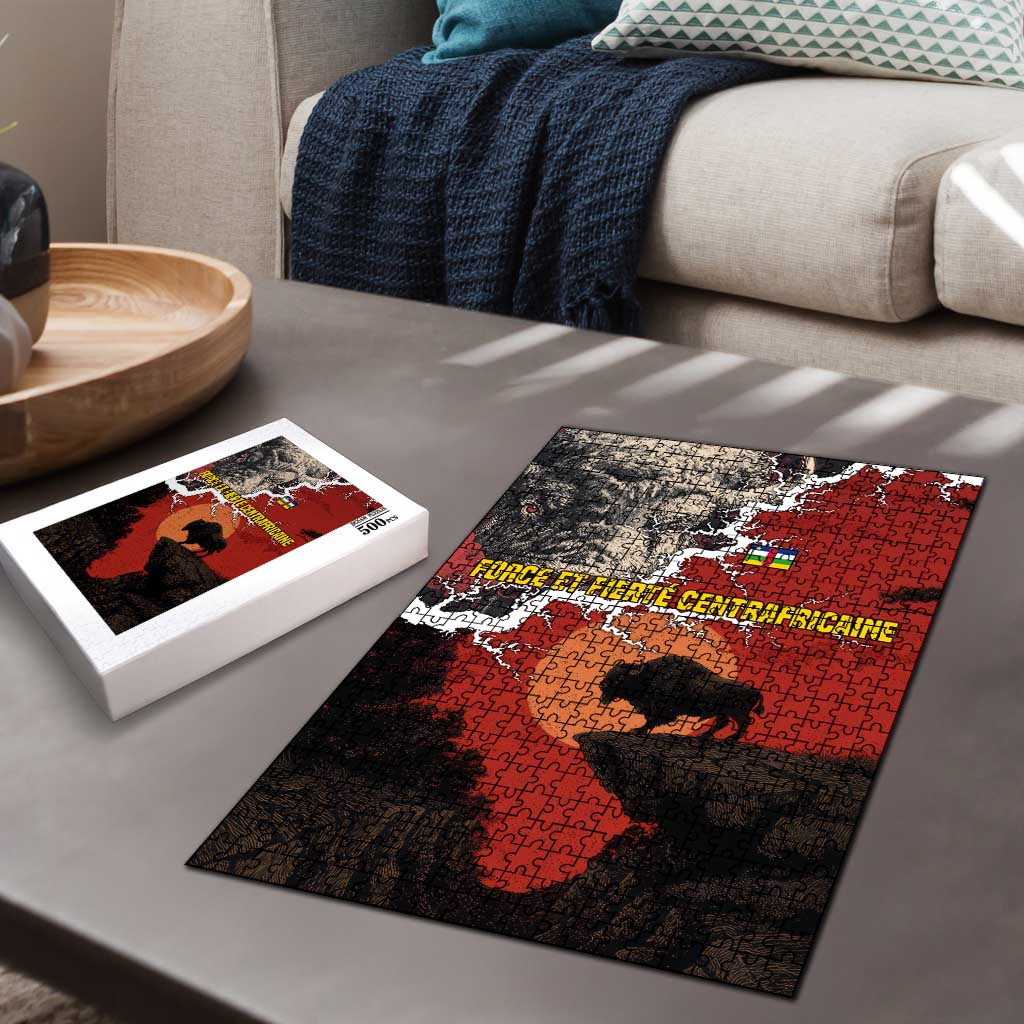 Central African Republic Puzzle with Red Black Nature Design and Buffalo Pattern - Wonder Print Shop