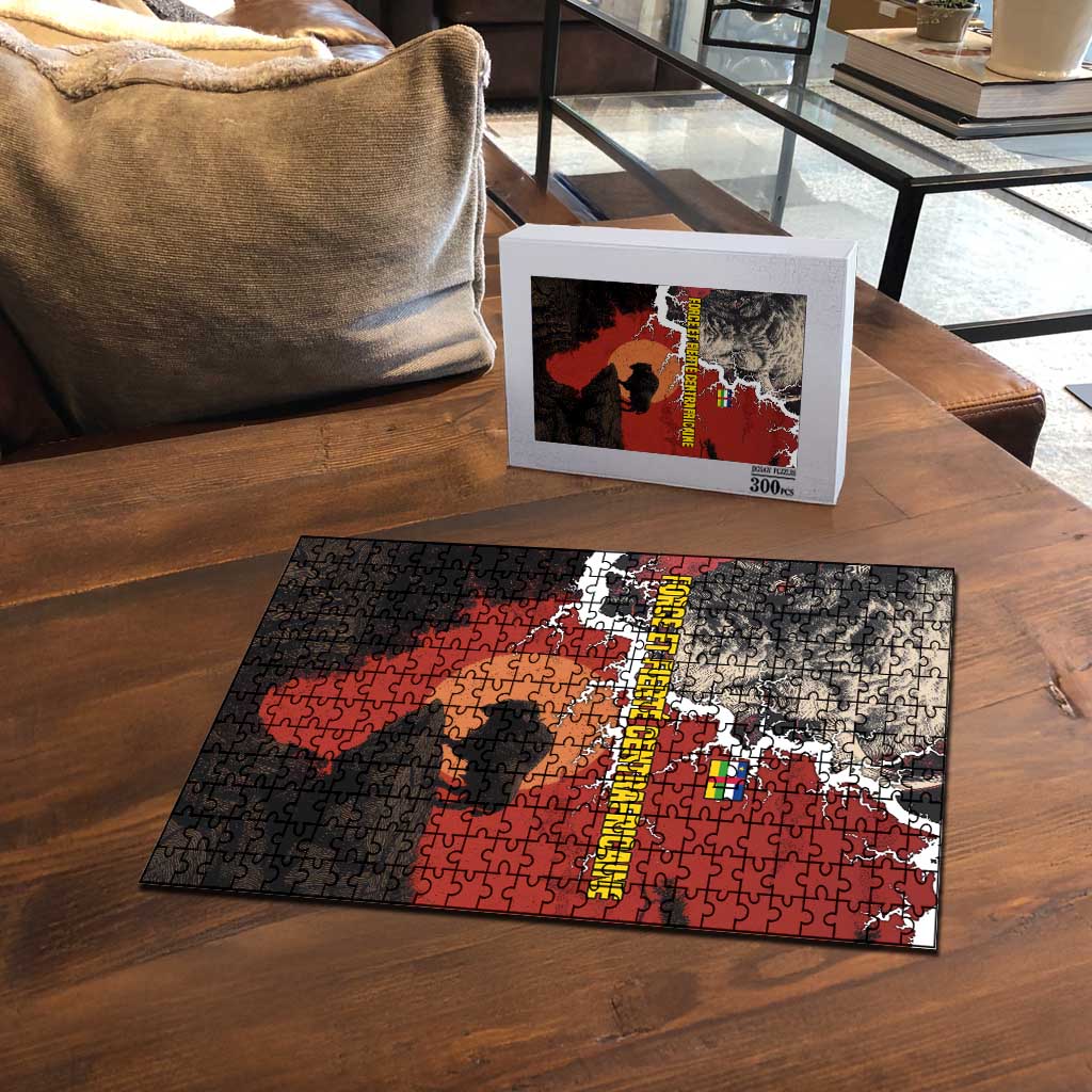 Central African Republic Puzzle with Red Black Nature Design and Buffalo Pattern - Wonder Print Shop