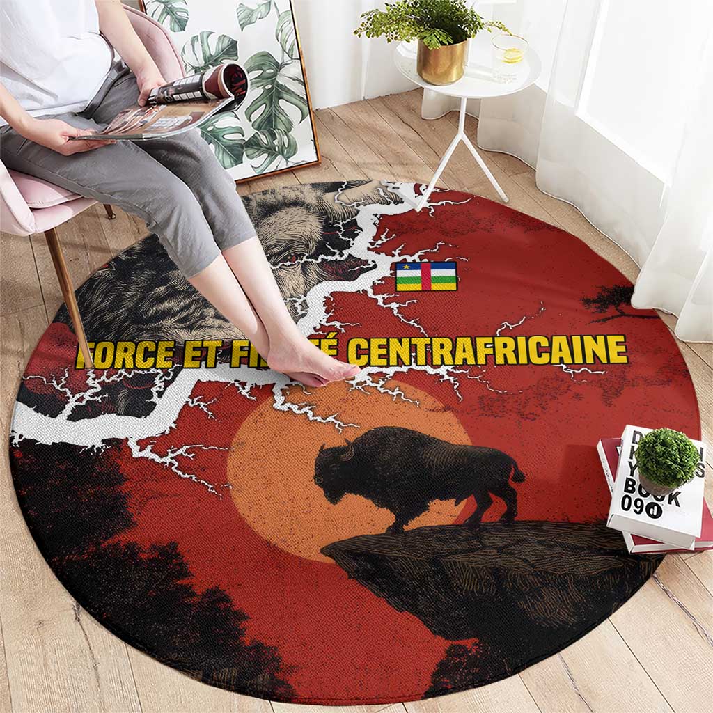 Central African Republic Round Carpet with Red Black Nature Design and Buffalo Pattern - Wonder Print Shop