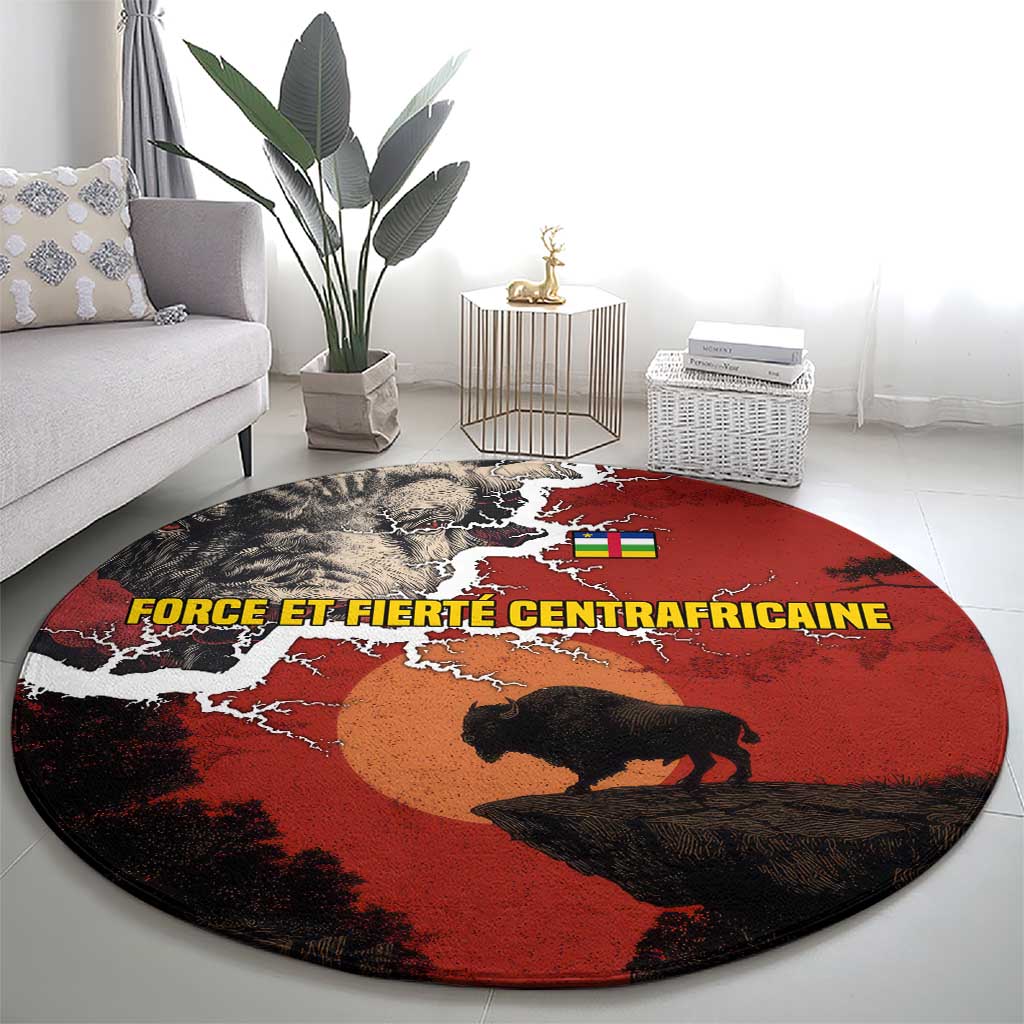 Central African Republic Round Carpet with Red Black Nature Design and Buffalo Pattern - Wonder Print Shop