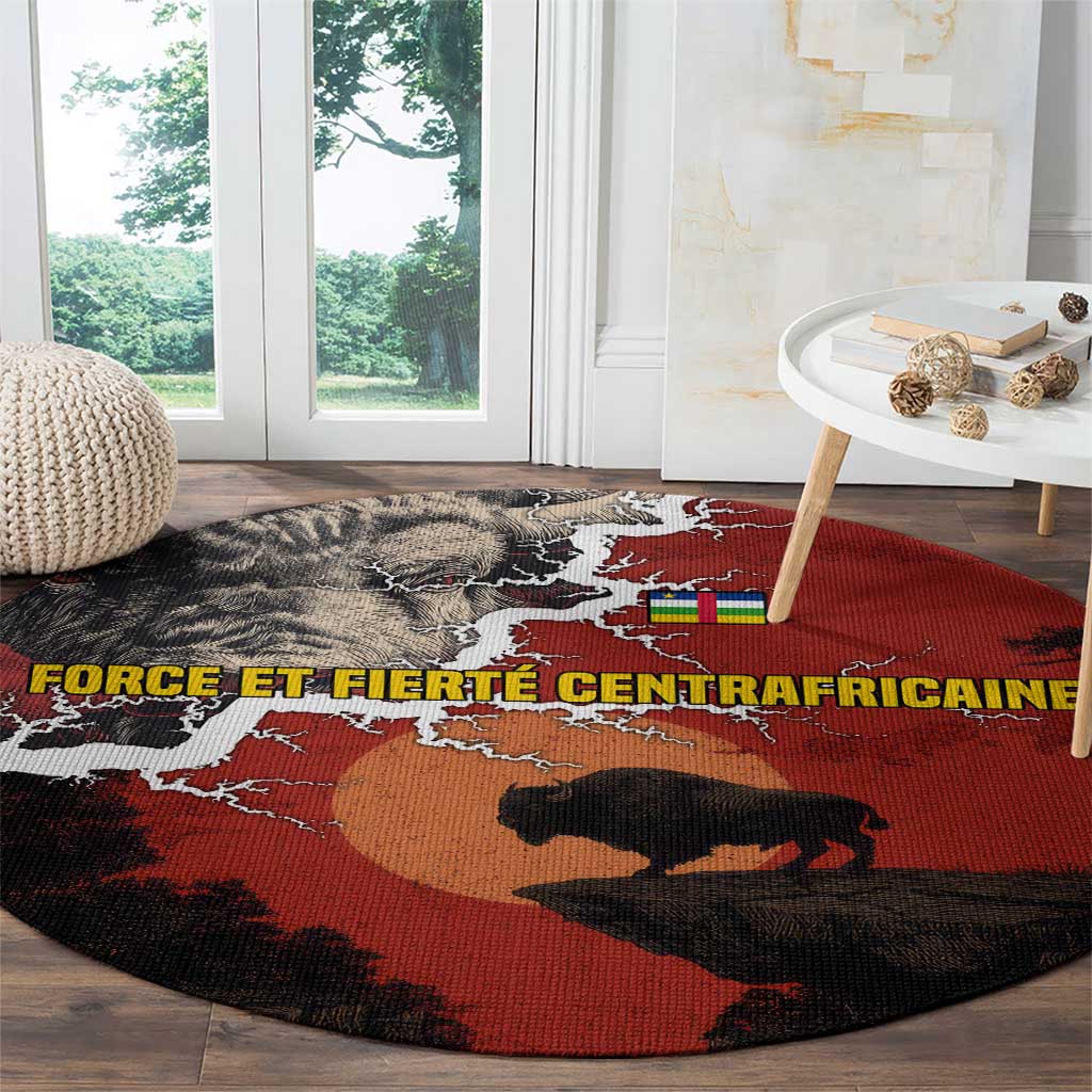 Central African Republic Round Carpet with Red Black Nature Design and Buffalo Pattern - Wonder Print Shop