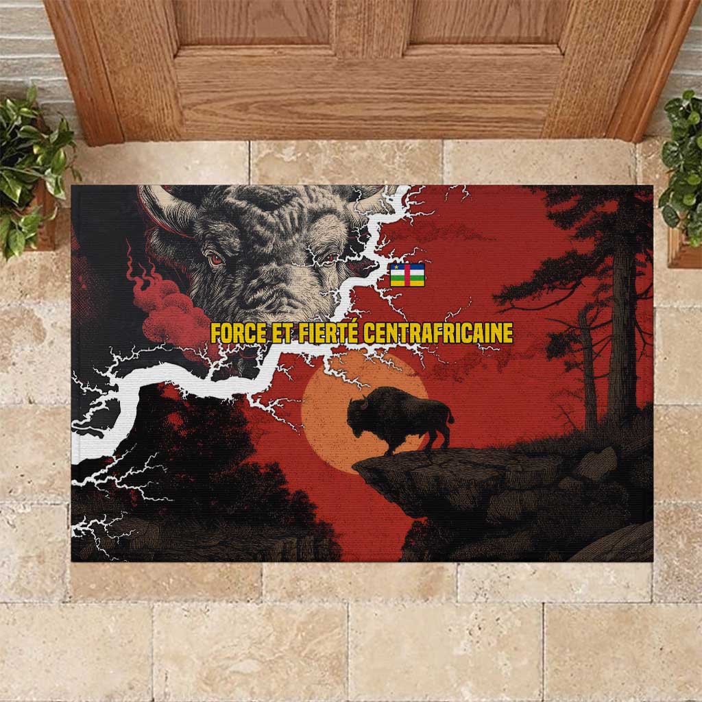 Central African Republic Rubber Doormat with Red Black Nature Design and Buffalo Pattern - Wonder Print Shop