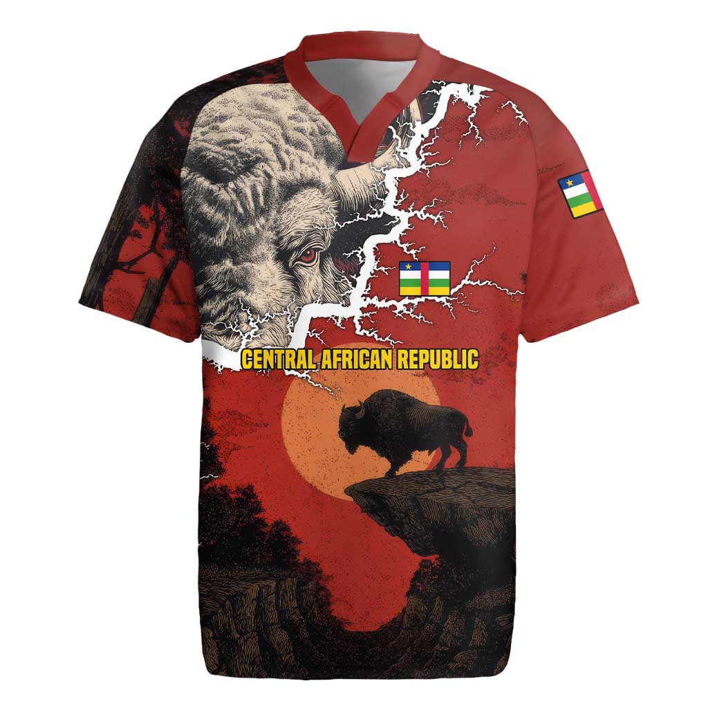 Central African Republic Rugby Jersey with Red Black Nature Design and Buffalo Pattern - Wonder Print Shop