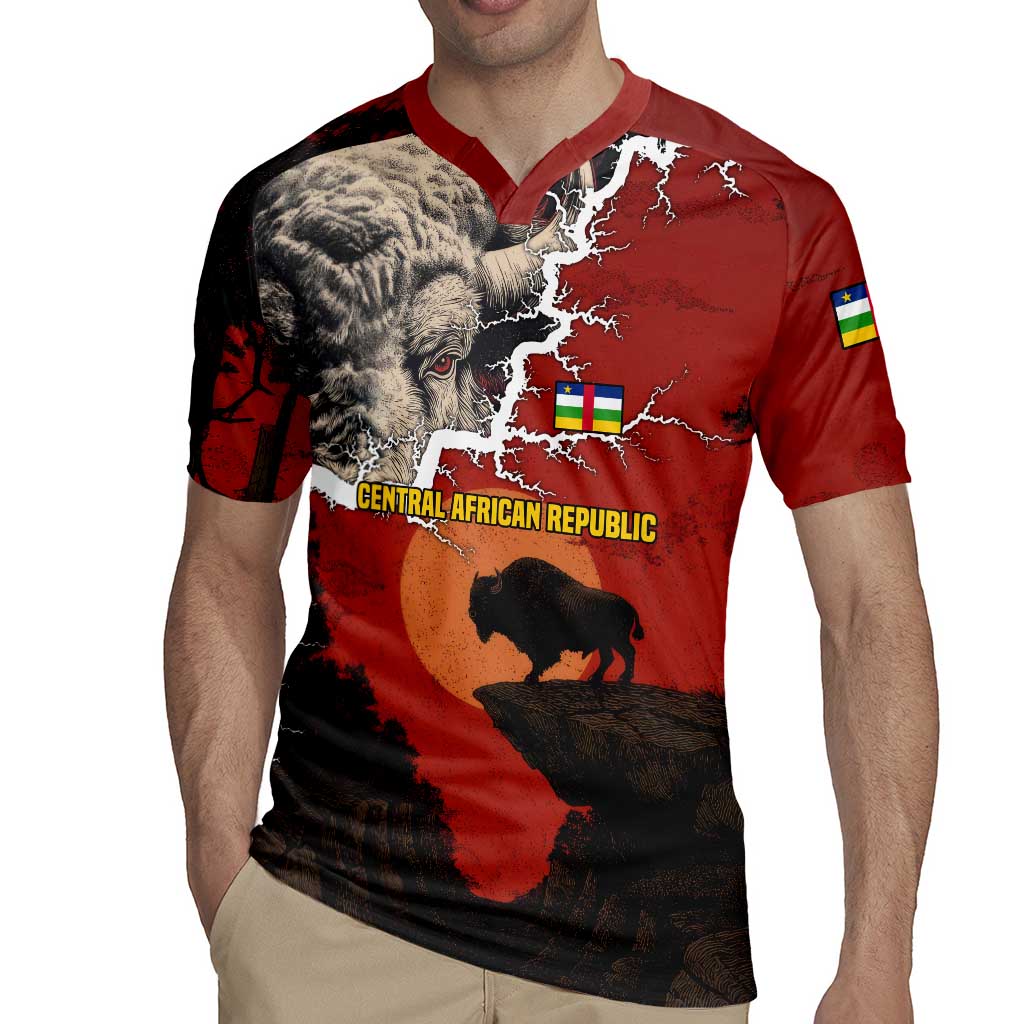 Central African Republic Rugby Jersey with Red Black Nature Design and Buffalo Pattern - Wonder Print Shop