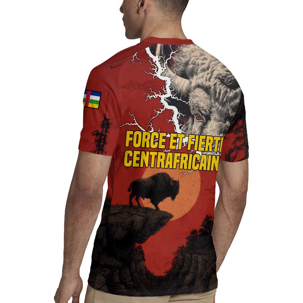 Central African Republic Rugby Jersey with Red Black Nature Design and Buffalo Pattern - Wonder Print Shop
