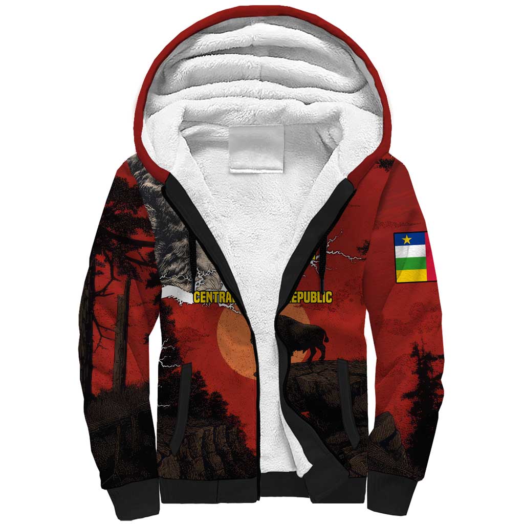 Central African Republic Sherpa Hoodie with Red Black Nature Design and Buffalo Pattern - Wonder Print Shop