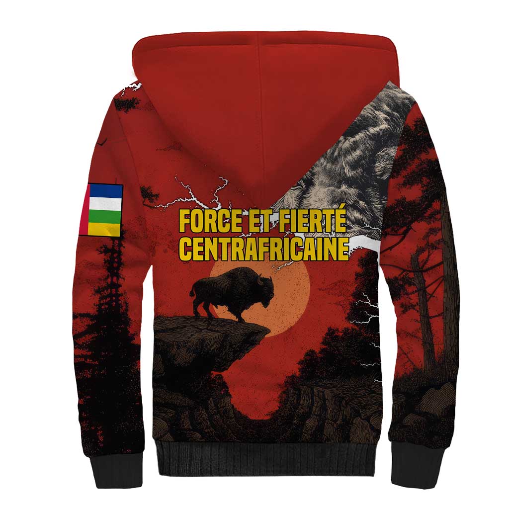 Central African Republic Sherpa Hoodie with Red Black Nature Design and Buffalo Pattern - Wonder Print Shop