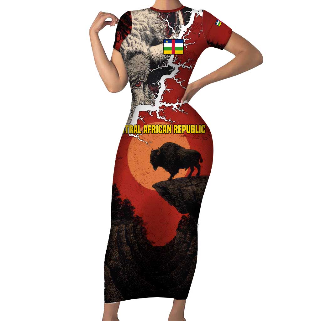 Central African Republic Short Sleeve Bodycon Dress with Red Black Nature Design and Buffalo Pattern - Wonder Print Shop